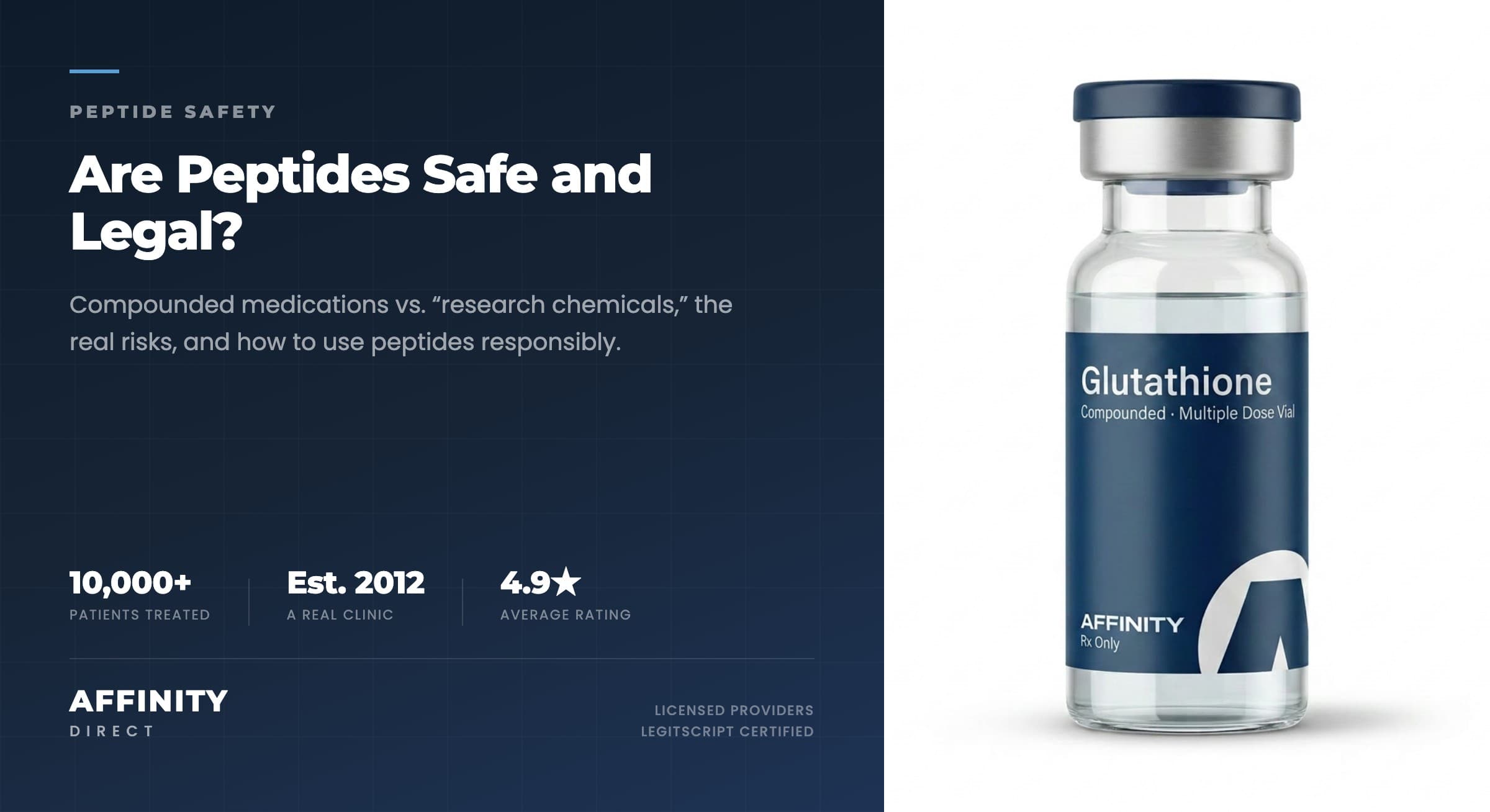 A single Affinity Direct compounded peptide vial with a blue-and-white clinical label, photographed on a clean neutral background