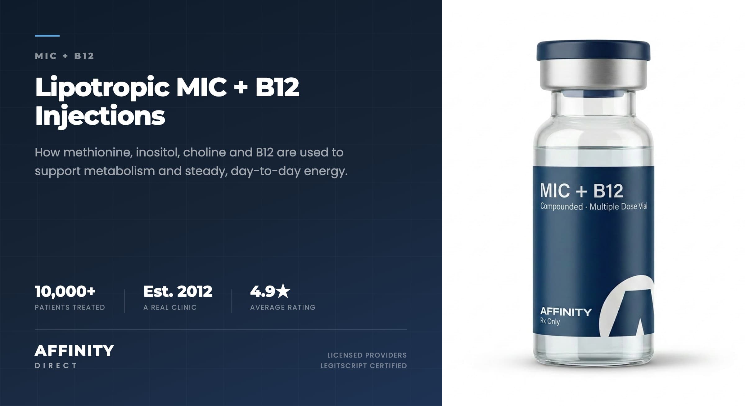 A single amber glass vial of Affinity Direct compounded MIC + B12 lipotropic injection on a clean clinical surface