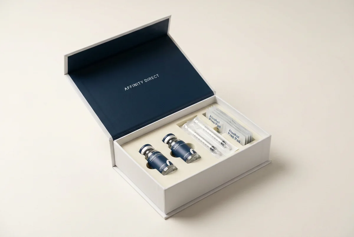 Open Affinity Direct delivery box with medication vials and included sterile supplies