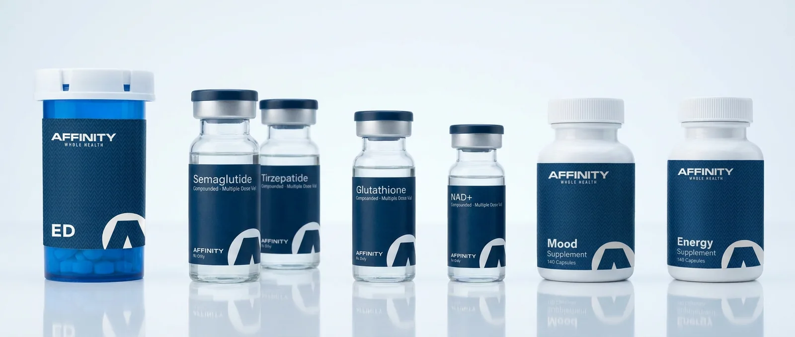 The full Affinity Direct product lineup — ED medication, semaglutide, tirzepatide, glutathione, NAD+, and daily supplements